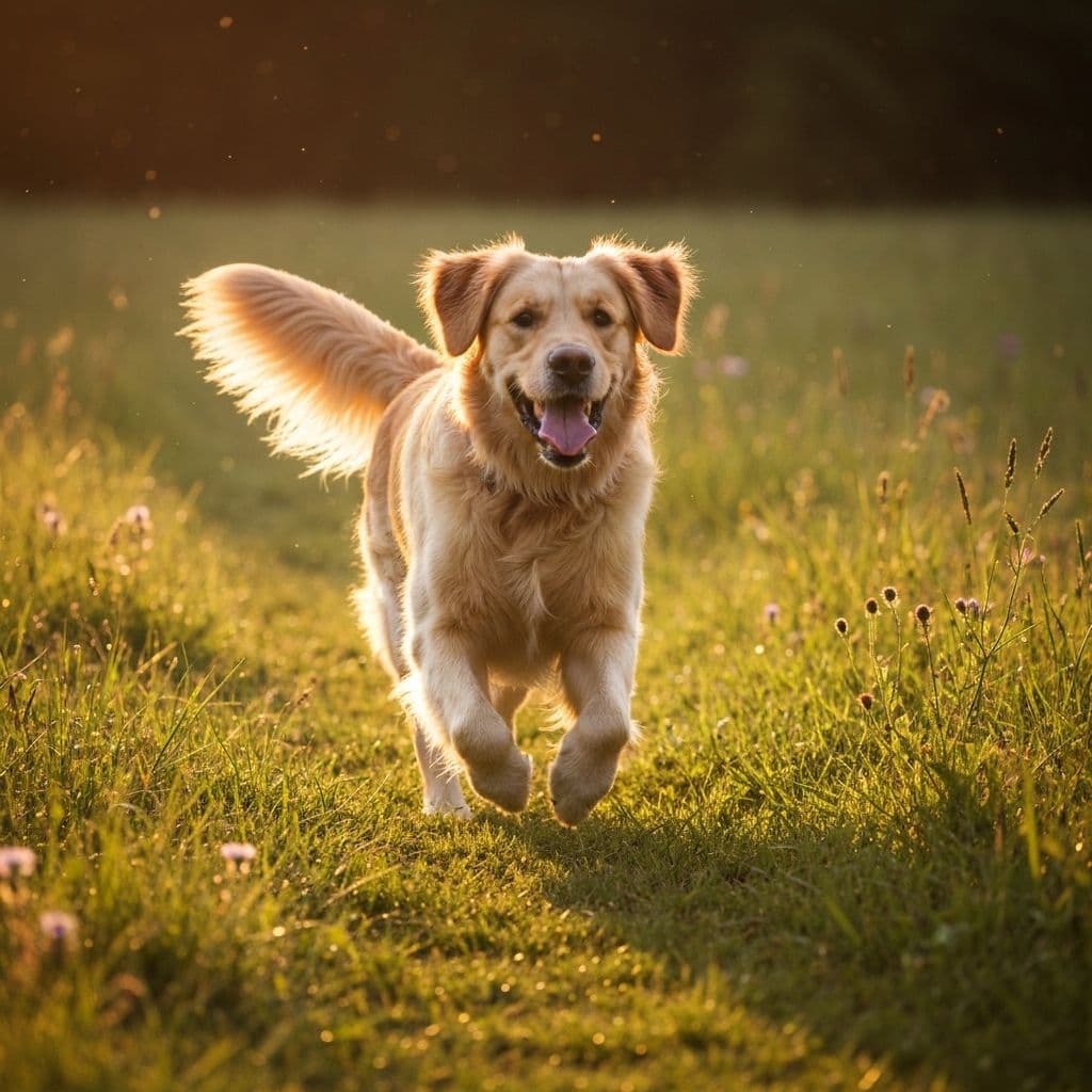 Golden retriever lying in the grass with its tongue out